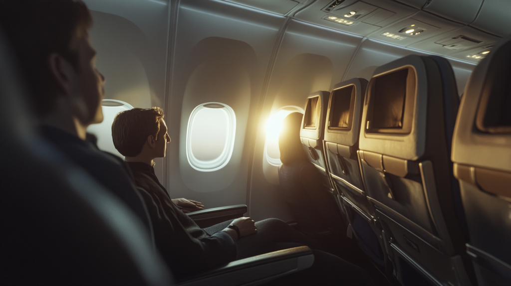 A person is sitting in an airplane seat, looking out the window at a bright sunset. The cabin is dimly lit, and the sunlight is streaming through the window, illuminating the interior. The seats have screens on the backrests.