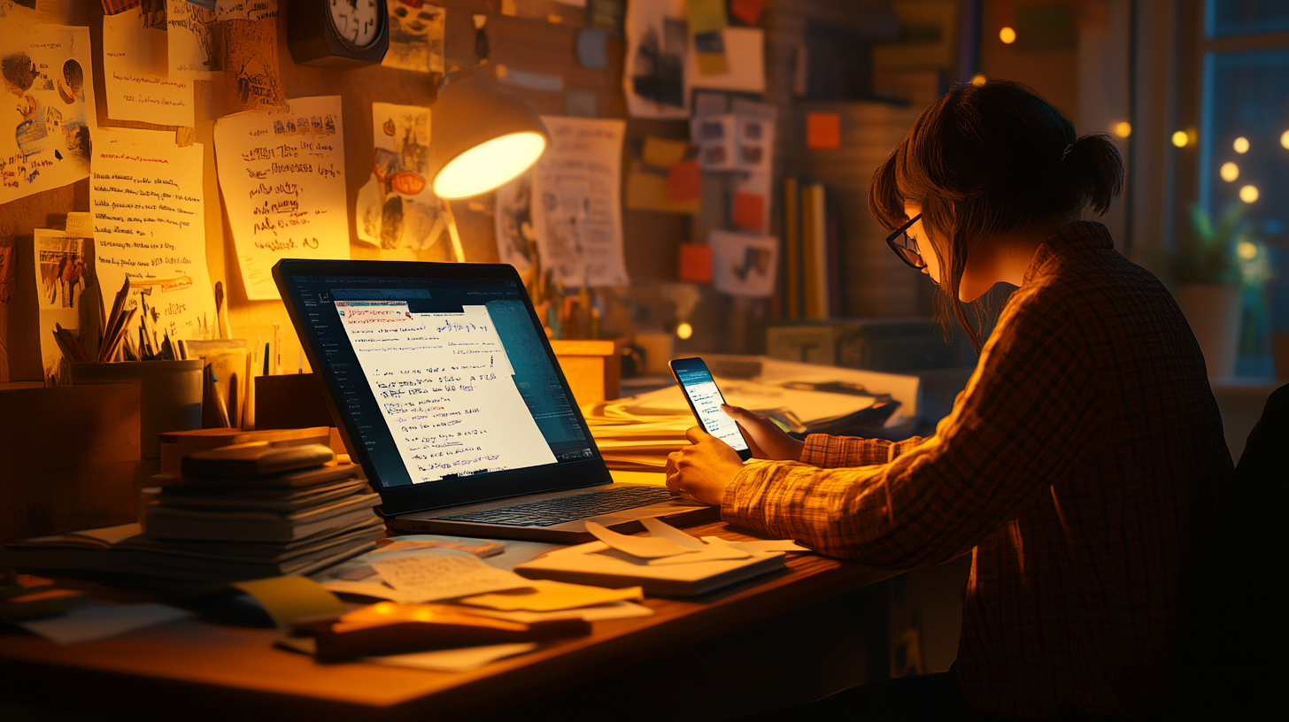 A person is sitting at a cluttered desk, working on a laptop and holding a smartphone. The room is dimly lit with a warm desk lamp. The walls are covered with notes and photos, and there are stacks of papers and notebooks on the desk. The person appears focused and is wearing glasses and a plaid shirt.