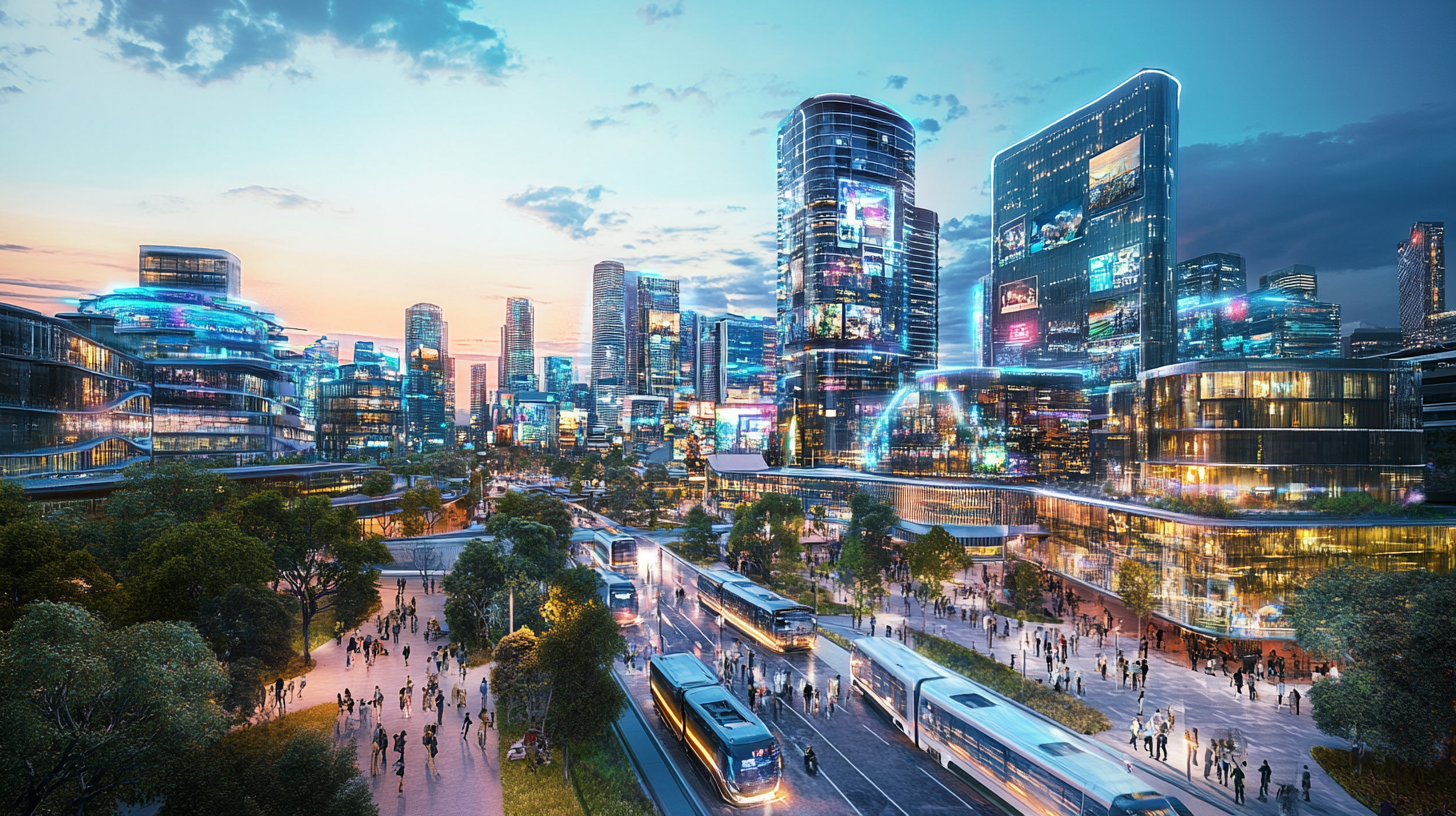 A futuristic cityscape at dusk, featuring tall, modern skyscrapers with illuminated facades and digital displays. The scene includes a bustling street with people walking and several sleek, futuristic buses on the road. Trees and greenery are integrated into the urban environment, and the sky is a mix of blue and orange hues, suggesting sunset.