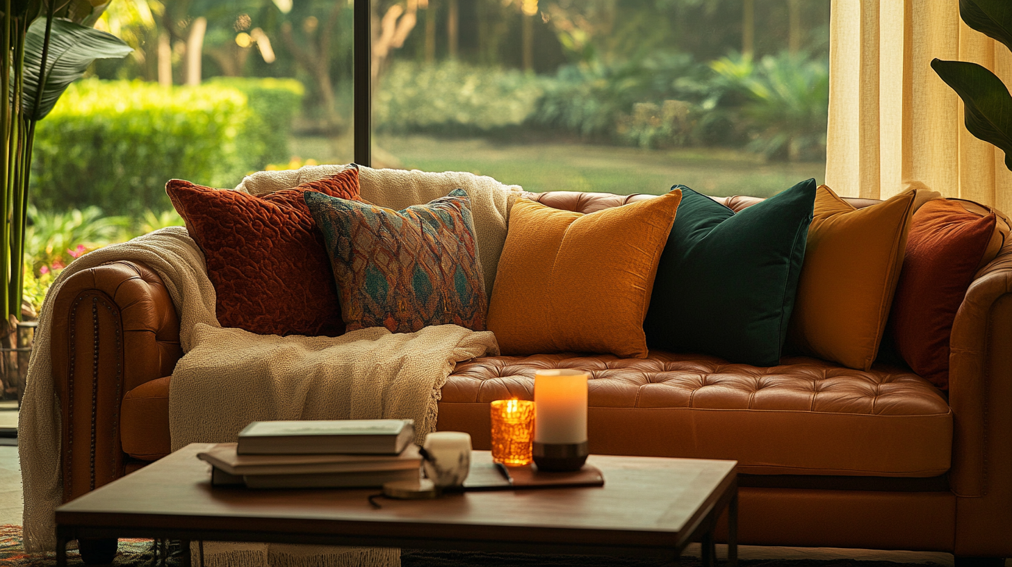 A cozy living room scene featuring a brown leather sofa adorned with a variety of colorful throw pillows in shades of orange, yellow, and teal. A soft beige blanket is draped over the sofa. In front of the sofa is a wooden coffee table with stacked books and lit candles. Large windows in the background reveal a lush, green garden.