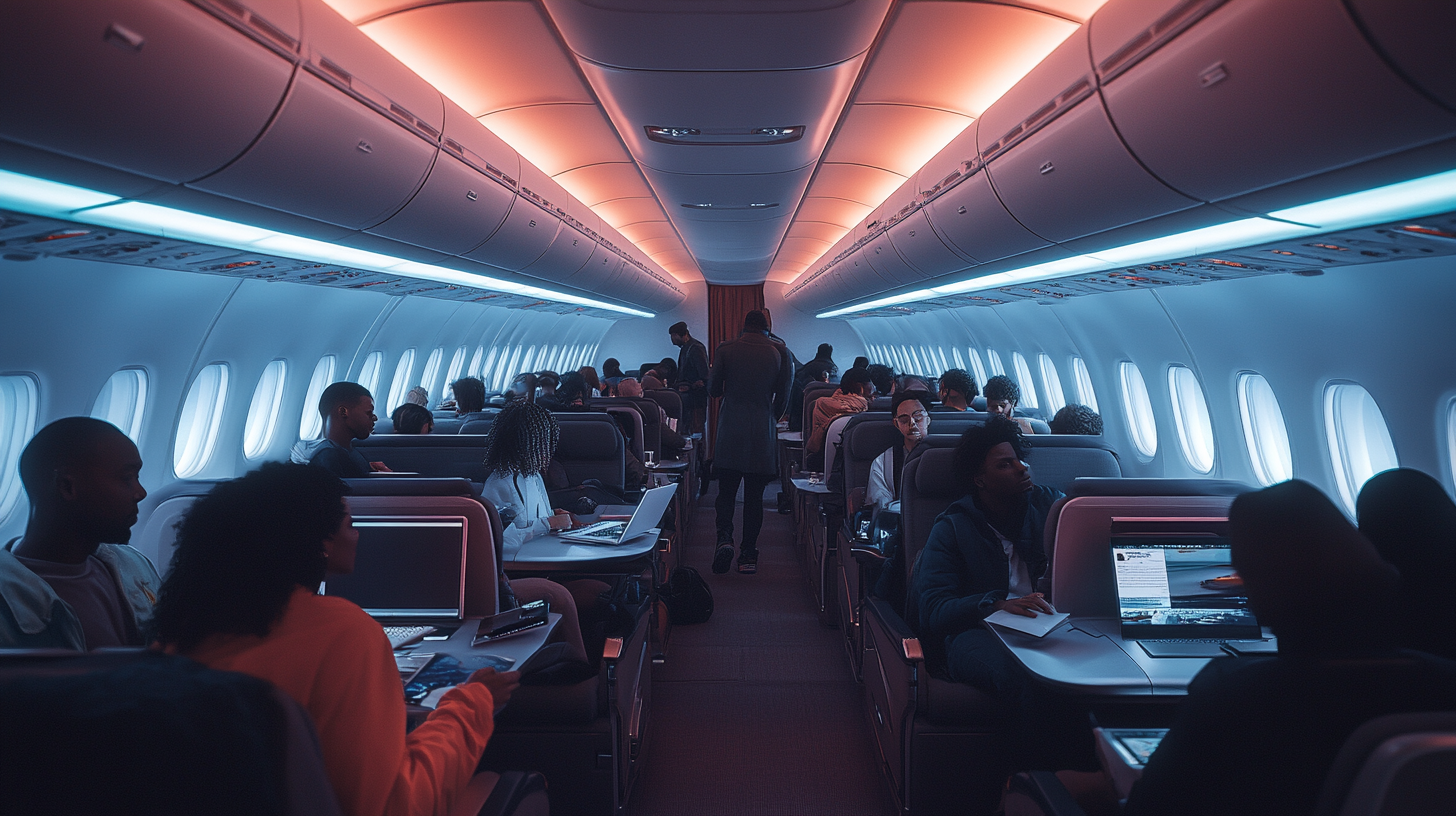 The image shows the interior of an airplane cabin with passengers seated in a spacious, modern setting. The lighting is a mix of warm and cool tones, creating a comfortable atmosphere. Passengers are engaged in various activities, such as using laptops and reading. The seats are equipped with personal screens, and the aisle is visible with a few people standing or moving.