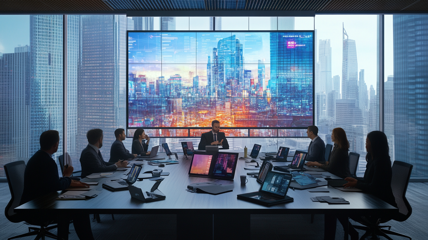 A group of people is seated around a large conference table in a modern office with floor-to-ceiling windows. They are engaged in a meeting, with laptops and documents in front of them. A large digital screen on the wall displays a vibrant cityscape with data overlays. The city skyline is visible through the windows, adding to the high-tech atmosphere.