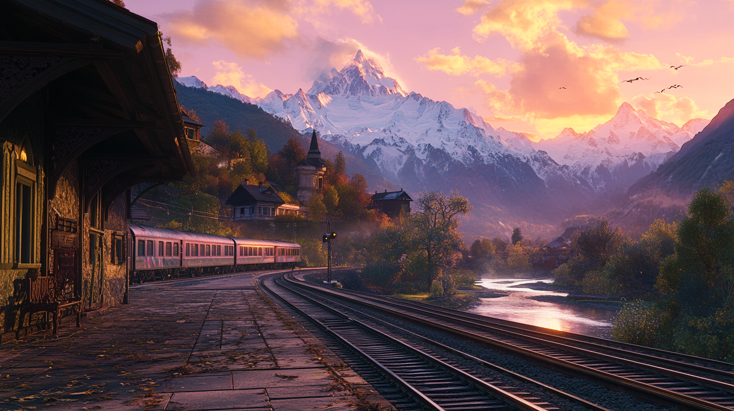 A scenic landscape featuring a train station with a train on the tracks. The station is surrounded by lush trees and quaint buildings. In the background, there are majestic snow-capped mountains under a vibrant sunset sky with pink and orange hues. A river flows alongside the tracks, and birds are flying in the sky.