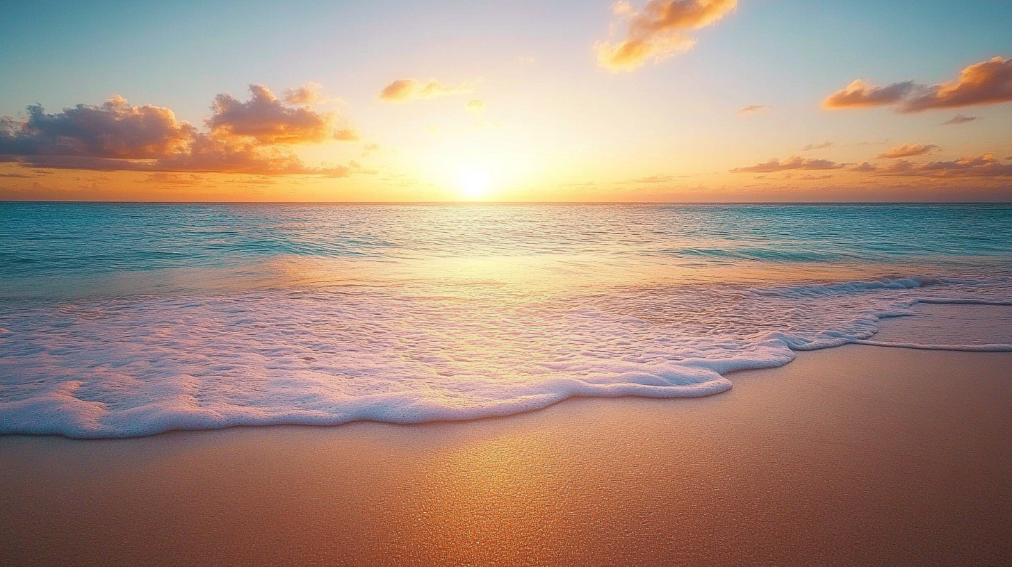 A serene beach scene at sunset, with gentle waves lapping onto the sandy shore. The sky is a blend of warm orange and pink hues, with scattered clouds reflecting the sunlight.