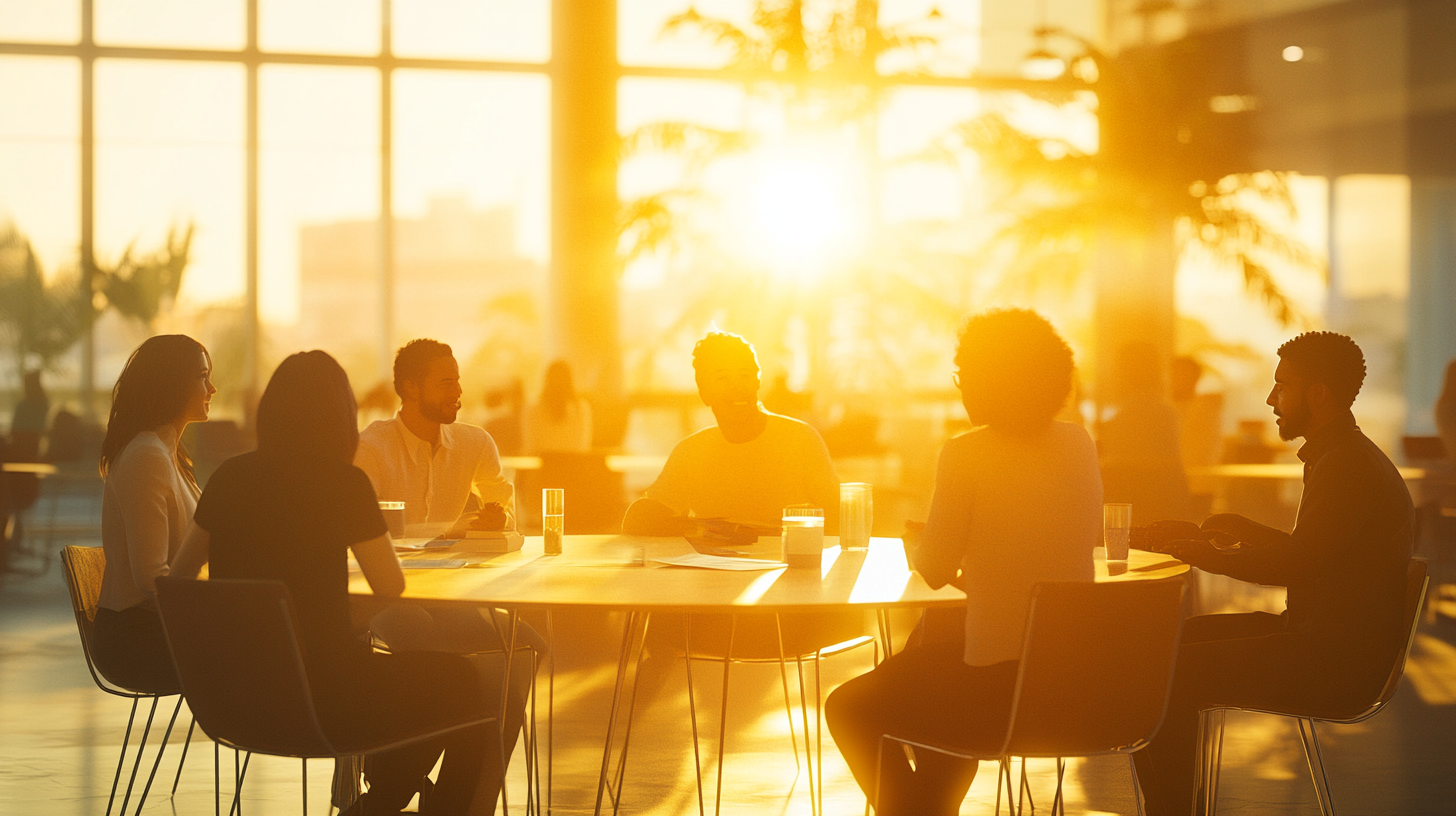 A group of people is sitting around a table in a sunlit room, engaged in conversation. The warm glow of the sun creates a bright and inviting atmosphere, with large windows and plants visible in the background.