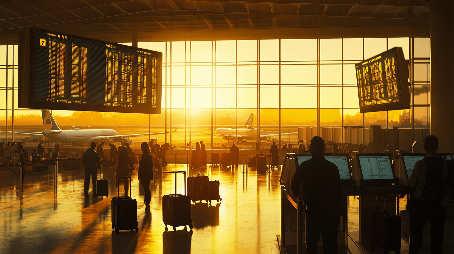 The image shows a busy airport terminal at sunset. Passengers with luggage are walking and checking information on screens. Large electronic flight information boards hang from the ceiling, displaying flight details. Through the large windows, airplanes are visible on the tarmac, with the sun setting in the background, casting a warm glow throughout the terminal.