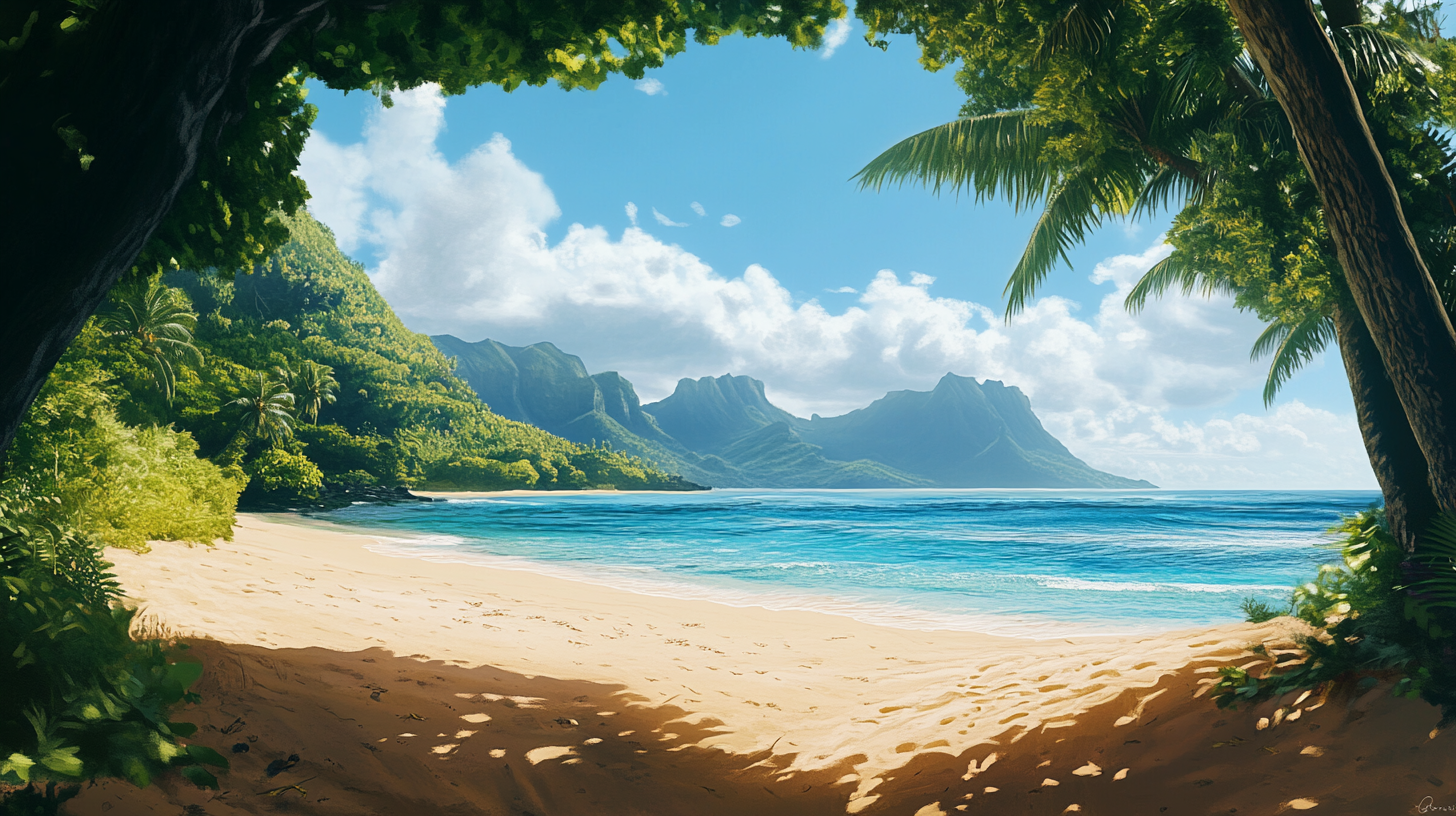 A tropical beach scene with golden sand and clear blue water. The beach is framed by lush green foliage and palm trees. In the background, there are rugged, green mountains under a bright blue sky with scattered white clouds.