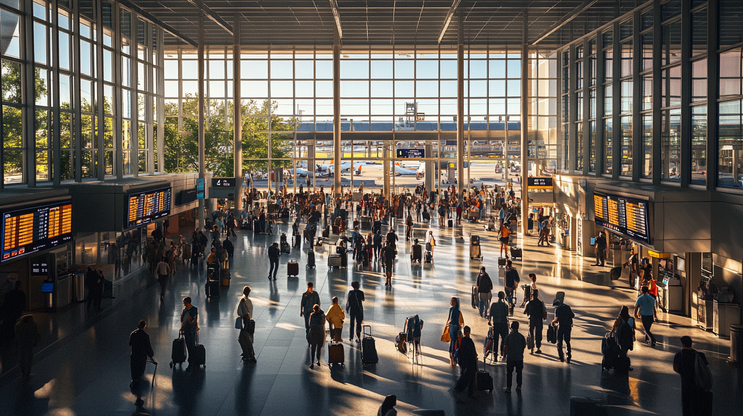 The image shows a busy airport terminal with many travelers walking and pulling suitcases. Large windows allow natural light to fill the space, and several digital flight information boards are visible. Outside, airplanes are parked on the tarmac. The scene conveys a sense of movement and travel.