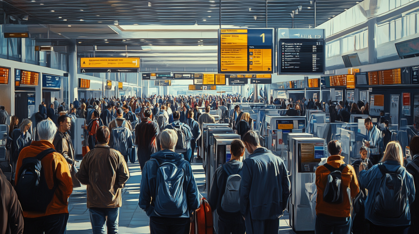 A busy airport terminal filled with travelers. People are walking in various directions, some carrying luggage and backpacks. Overhead, there are multiple electronic flight information displays showing departure and arrival details. The terminal is well-lit with natural light streaming in through large windows.