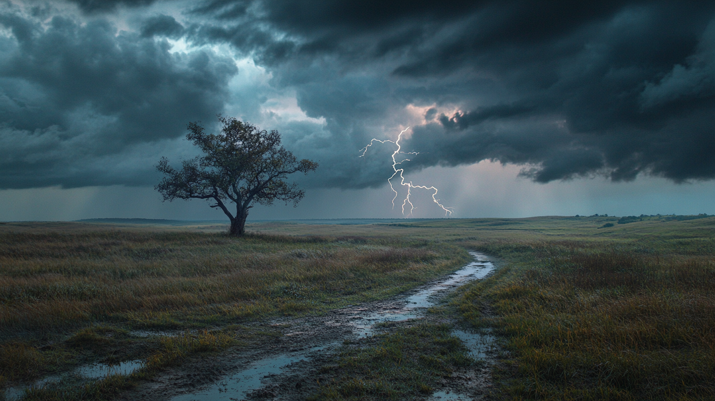 A dramatic landscape featuring a lone tree on a grassy field under a stormy sky. Dark clouds dominate the scene, with a bright flash of lightning illuminating the sky in the background. A muddy path winds through the field, reflecting the stormy atmosphere.