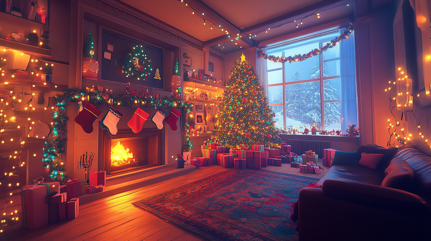 A cozy living room decorated for Christmas. A large, brightly lit Christmas tree stands near a window with a snowy view outside. The fireplace is lit, with stockings hanging above it and garlands adorned with lights. Numerous wrapped presents are scattered around the tree. The room is warmly lit with string lights, creating a festive atmosphere.