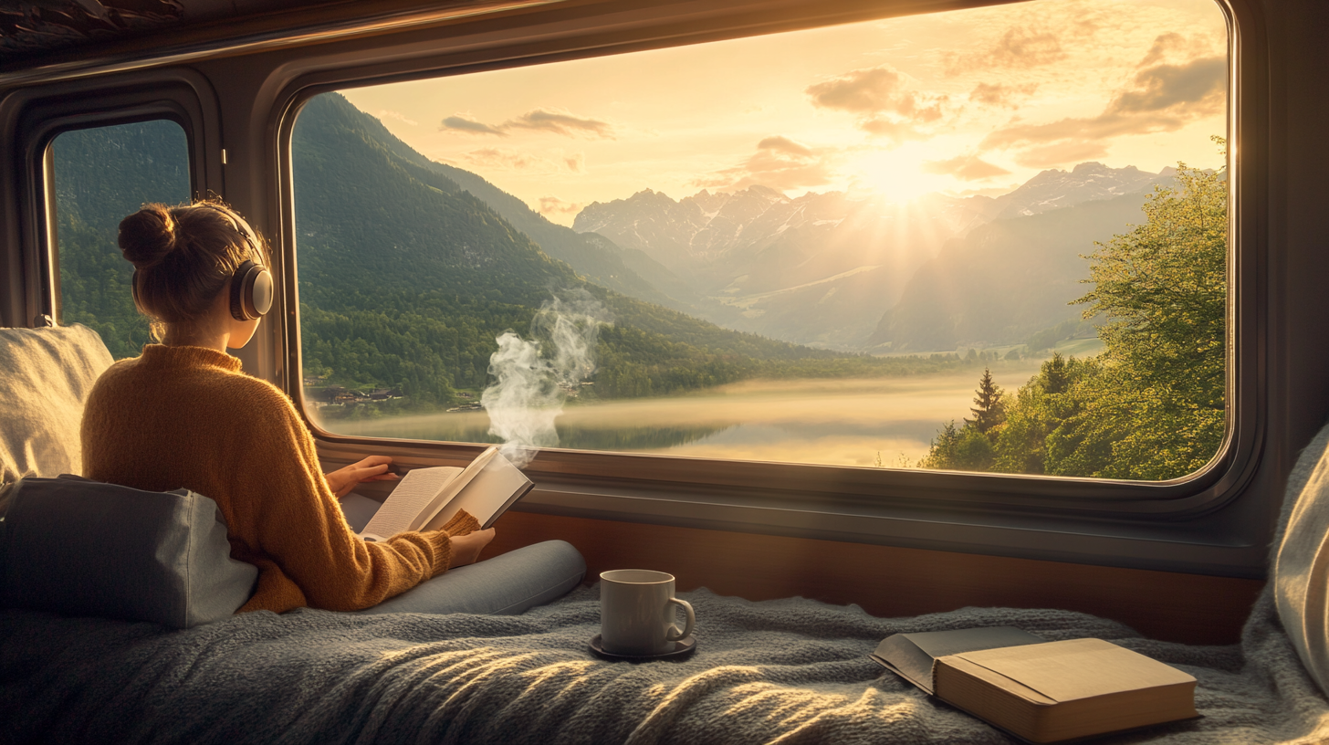 A person wearing headphones is sitting inside a cozy space, reading a book. They are looking out a large window at a scenic view of mountains and a lake during sunrise or sunset. There is a steaming cup of coffee on a blanket-covered surface beside them, and another book is nearby. The scene conveys a sense of relaxation and tranquility.