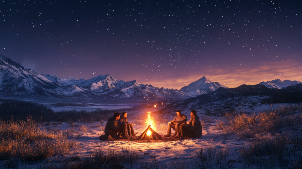 A group of people is sitting around a campfire in a snowy landscape at night. The sky is filled with stars, and there are snow-covered mountains in the background. The scene is illuminated by the warm glow of the fire, creating a cozy atmosphere amidst the cold surroundings.