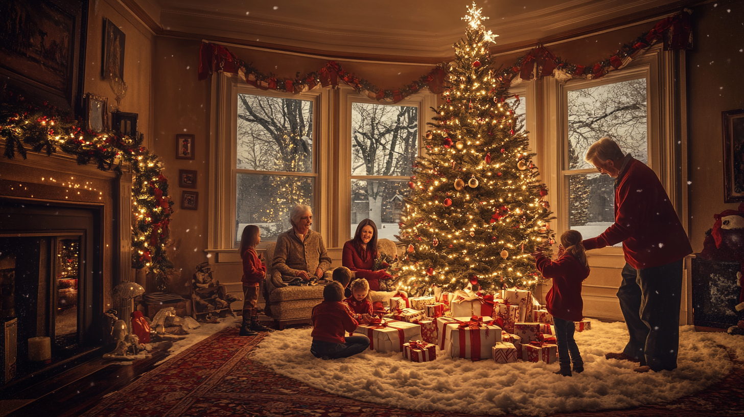 A family is gathered in a cozy living room decorated for Christmas. A large, beautifully lit Christmas tree stands in the center, surrounded by wrapped gifts. Snow is visible outside the windows, adding to the festive atmosphere. A fireplace adorned with garlands and lights adds warmth to the scene. Family members, including children and adults, are enjoying the holiday setting, with some sitting and others standing near the tree.