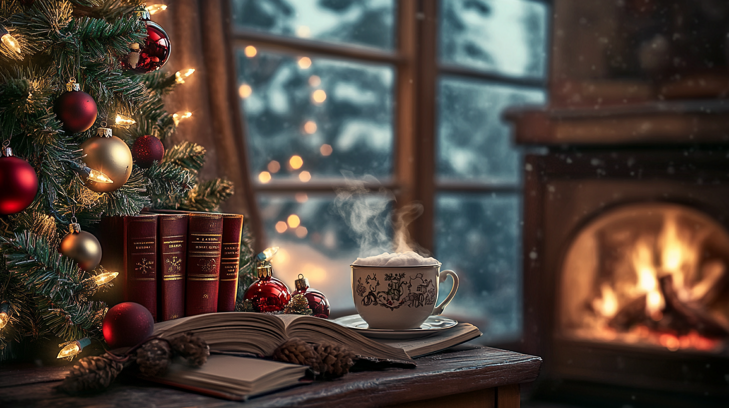 A cozy scene featuring a decorated Christmas tree with red and gold ornaments and lights. In the foreground, there are several books, an open book, and pinecones on a table. A steaming cup of coffee or hot chocolate sits nearby. In the background, a fireplace with a warm fire is visible, and snow can be seen falling outside through a window.