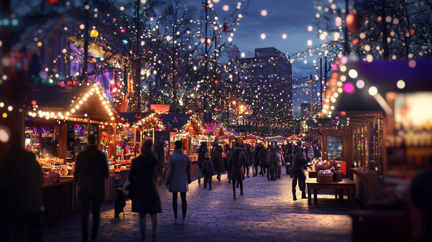 A festive outdoor market scene at dusk, with numerous wooden stalls adorned with colorful lights and decorations. People are walking along the cobblestone path, browsing various goods. The atmosphere is lively and warm, with trees and buildings in the background also decorated with twinkling lights.