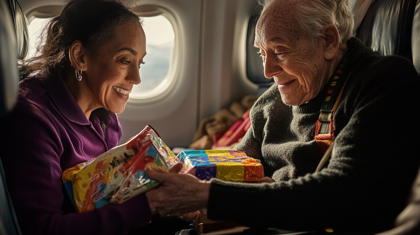 An elderly man and a woman are sitting next to each other on an airplane, smiling and exchanging colorful wrapped gifts. The airplane window is visible in the background, and they appear to be enjoying the moment.