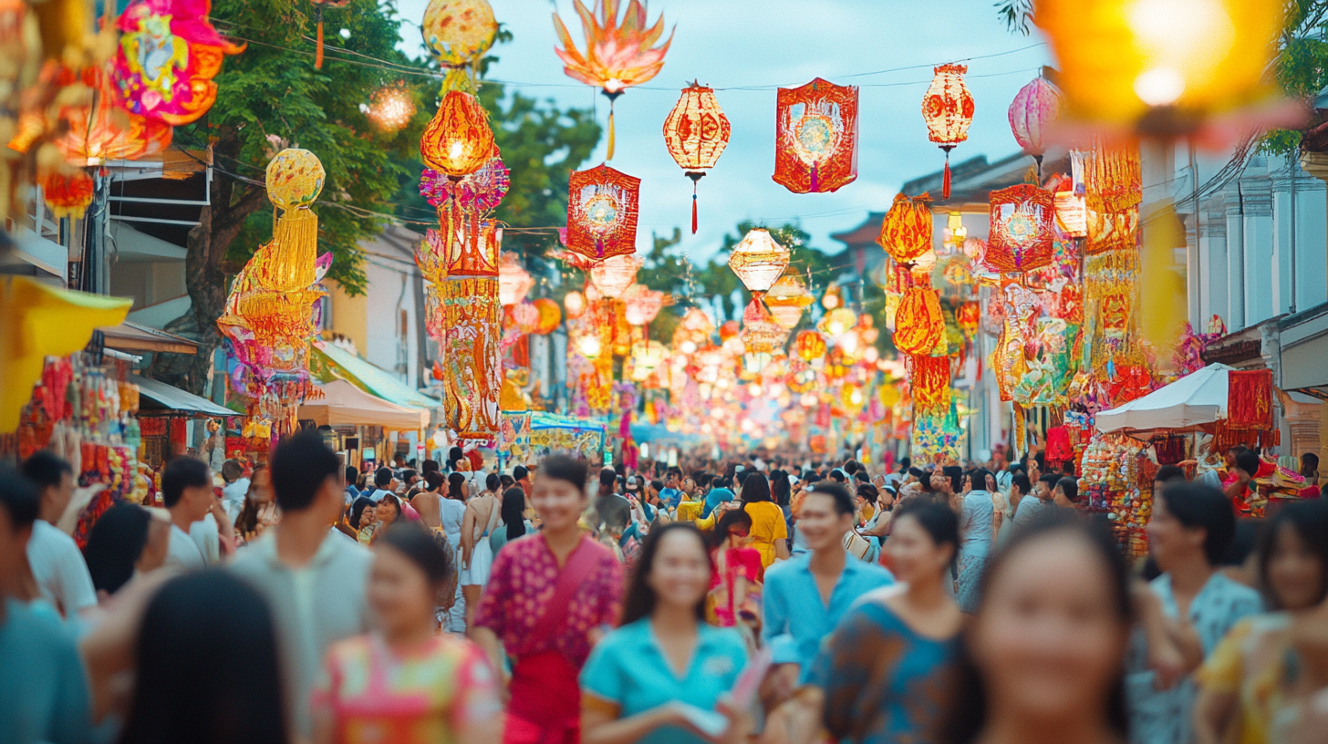 A vibrant street festival scene with colorful lanterns hanging above a crowded street. People are walking and enjoying the festive atmosphere, surrounded by stalls and decorations. The lanterns are in various shapes and colors, creating a lively and cheerful ambiance.