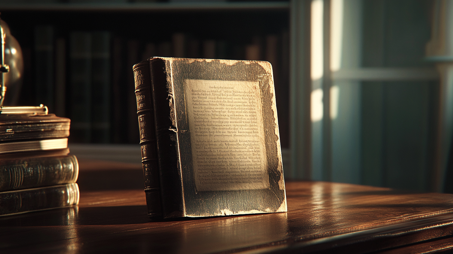 The image shows an old, weathered book standing upright on a wooden table. The book has a worn leather cover with visible scuffs and a faded spine. It is illuminated by warm, natural light coming from a window, casting soft shadows. In the background, there are more books on a shelf, slightly out of focus.