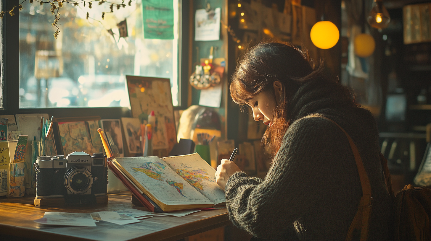 A person is sitting at a wooden table in a cozy, warmly lit room, writing in a notebook with a map open. There is a vintage camera on the table, along with various papers and art supplies. The background is decorated with hanging lights and artwork, creating a creative and inviting atmosphere.