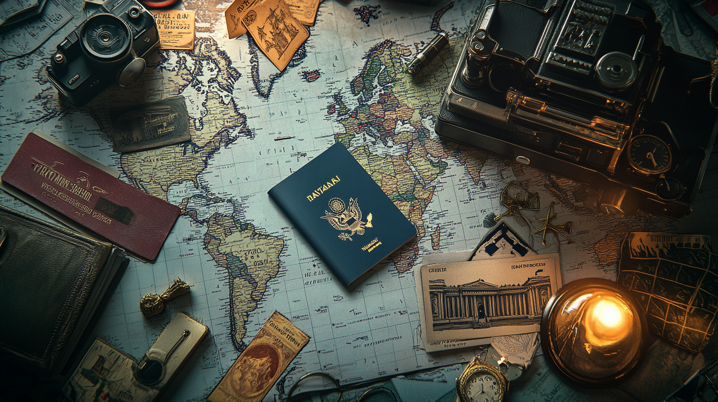 A vintage travel-themed flat lay featuring a world map as the background. On the map, there is a blue passport, an old camera, a typewriter, postcards, a candle, and small airplane models. There are also various travel documents and a watch, creating a nostalgic atmosphere.