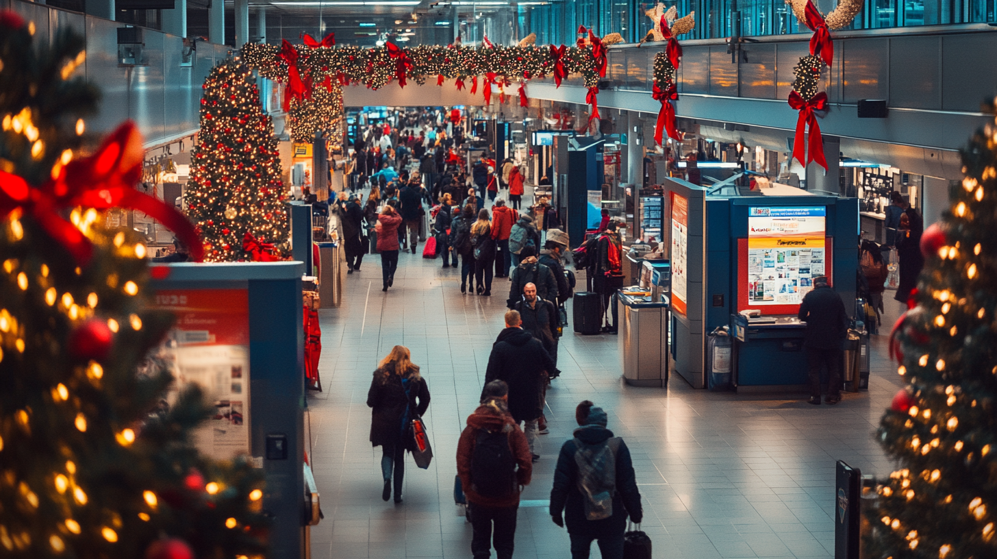 The image shows a busy airport terminal decorated for the holiday season. There are Christmas trees and garlands adorned with lights and red bows. Many people are walking through the terminal, some with luggage. The atmosphere is festive and bustling.