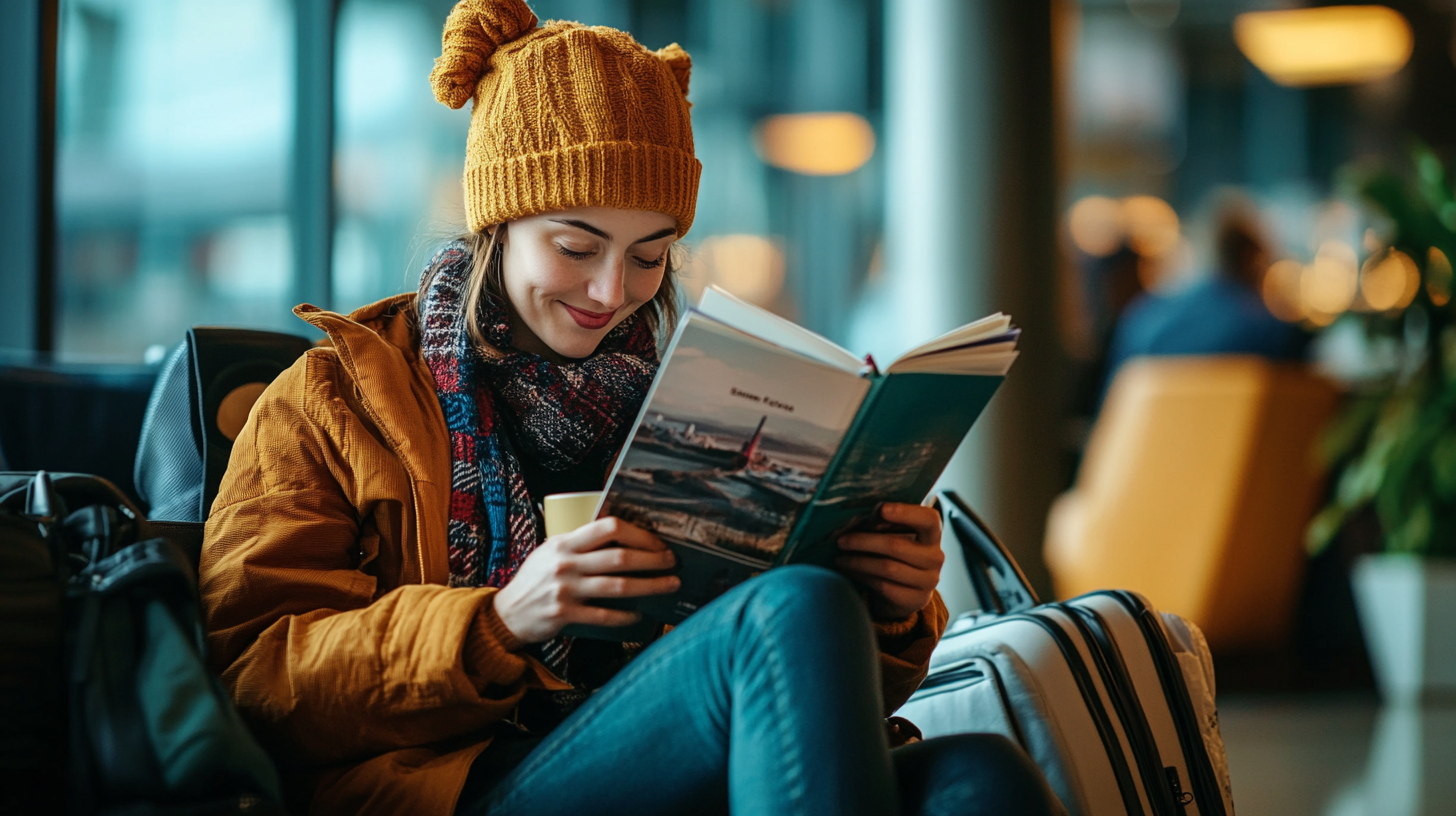 A person wearing a yellow knit hat and a colorful scarf is sitting in an airport lounge, reading a book. They are dressed in a warm jacket and have a suitcase beside them. The background is softly blurred, showing a modern interior with some people and plants.