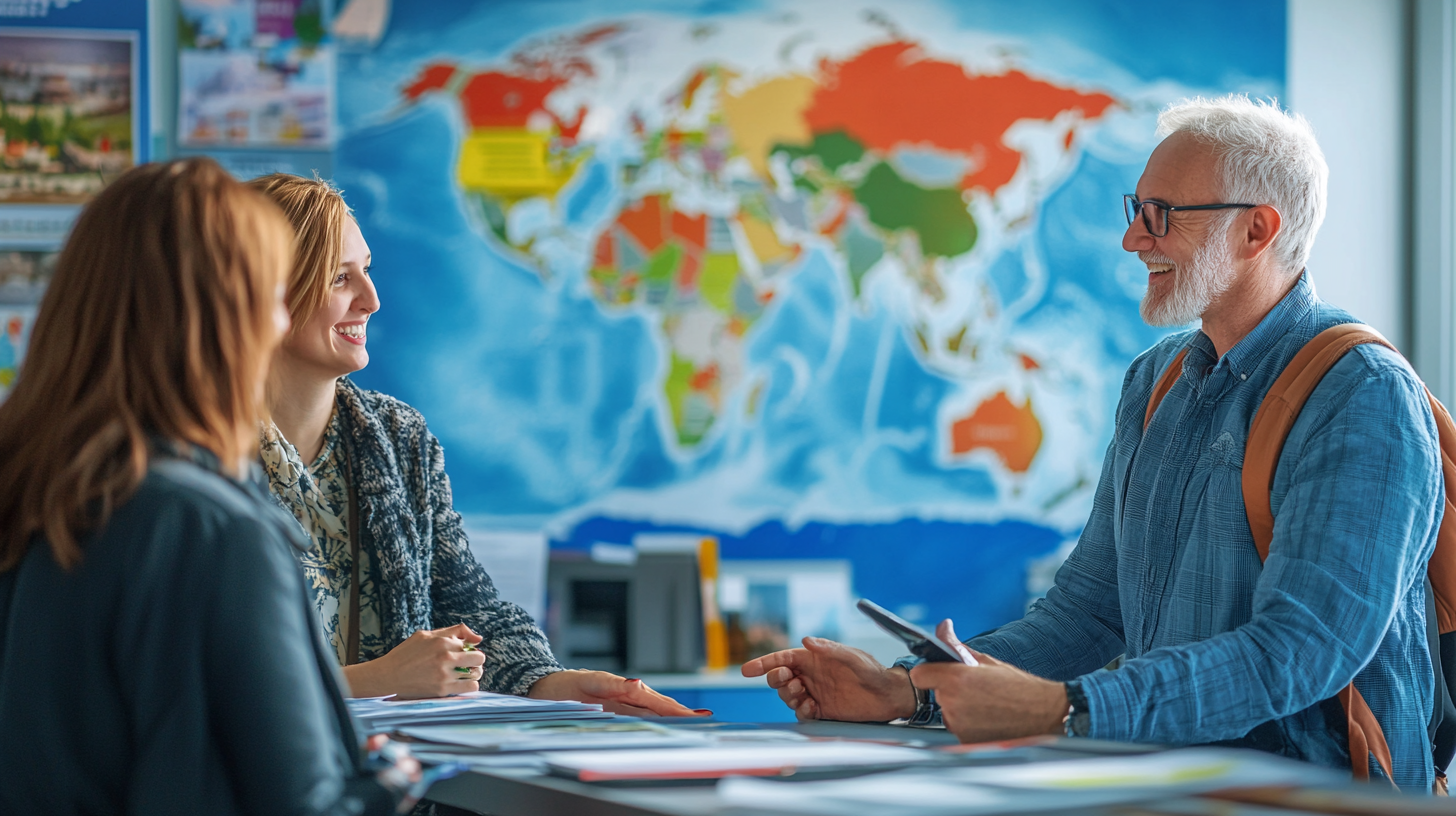 A group of three people are sitting at a table, engaged in a conversation. They are smiling and appear to be in a travel agency or educational setting, as there is a large, colorful world map on the wall behind them. The person on the right is an older man with white hair and a beard, wearing glasses and a blue shirt with a backpack. The two people on the left are women, one with long hair and the other with shorter hair, both looking at the man. There are papers and brochures on the table.