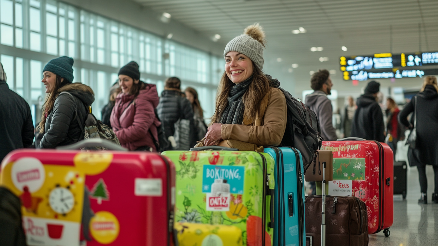 A woman in a winter hat and scarf is smiling while standing in an airport terminal. She is surrounded by colorful suitcases, including red, green, and blue ones with various designs. Other travelers in winter clothing are visible in the background, and there are signs with flight information hanging from the ceiling.