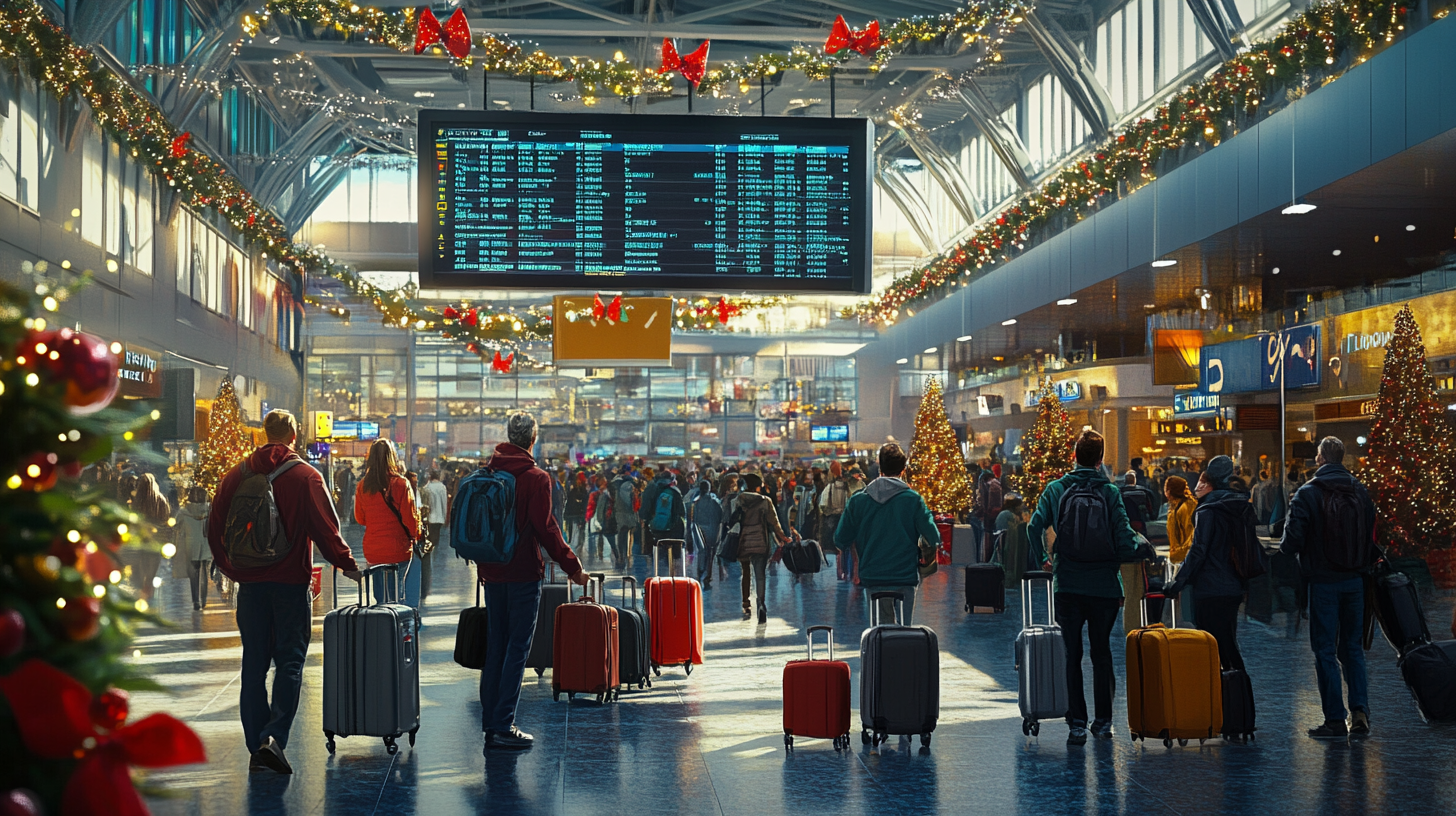 A busy airport terminal decorated for the holidays. People are walking with luggage, and the area is adorned with Christmas trees, garlands, and red bows. A large digital flight information board hangs from the ceiling, displaying flight details. The atmosphere is festive and bustling.