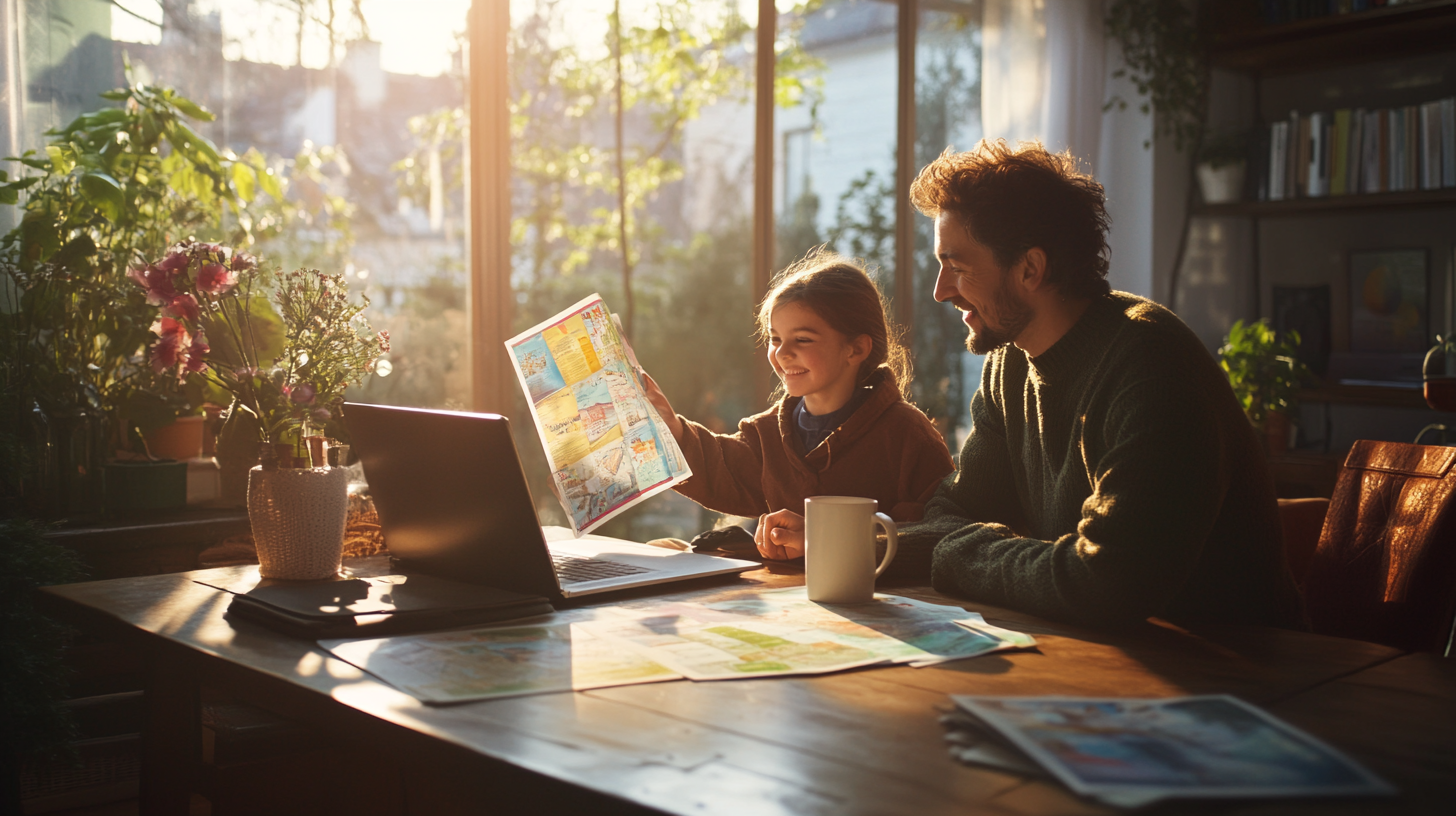 A man and a young girl are sitting at a wooden table in a sunlit room, looking at a colorful map or magazine. The girl is smiling and holding up the map, while the man looks on with a smile. A laptop and a white mug are on the table, along with other papers. The room is filled with natural light, and there are plants and books in the background.