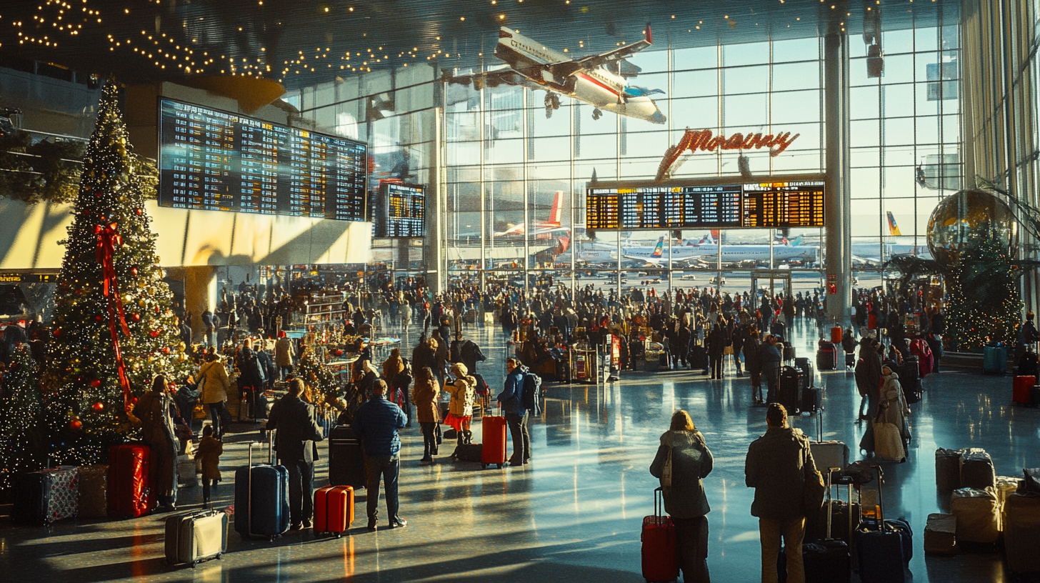 A busy airport terminal decorated for the holiday season. A large Christmas tree adorned with lights and ornaments stands prominently on the left. Many travelers with luggage are walking or standing around. Flight information boards are visible, and a model airplane is suspended from the ceiling. The terminal has large windows with a view of airplanes on the tarmac outside.