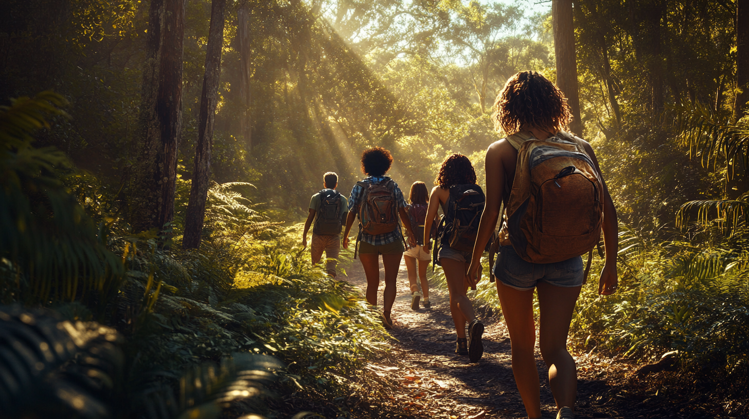 A group of people with backpacks are hiking on a sunlit forest trail. The path is surrounded by lush green foliage, and sunlight filters through the trees, creating a serene and adventurous atmosphere.