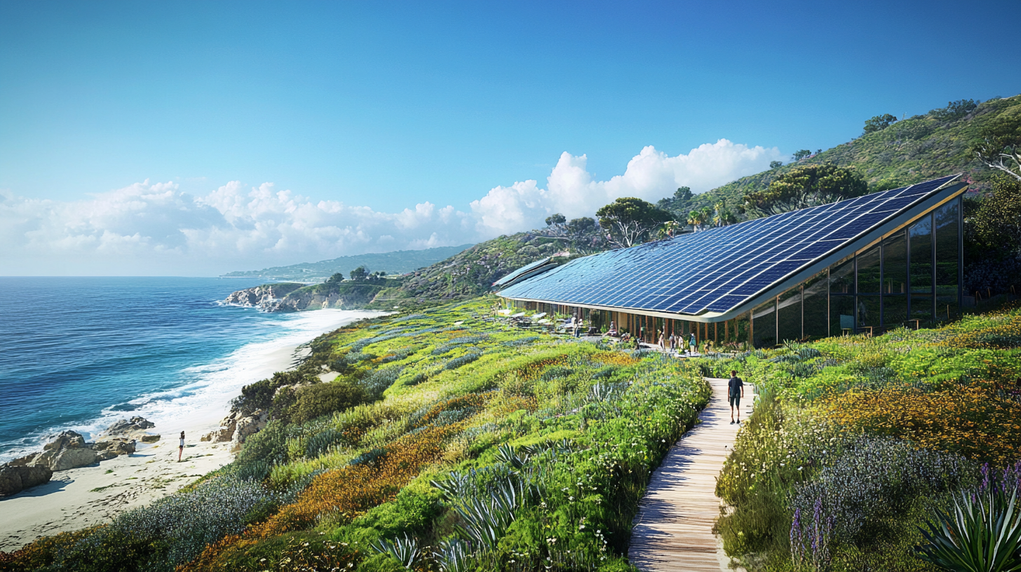 A modern building with a large slanted roof covered in solar panels is situated on a lush, green hillside overlooking a beach and ocean. The landscape is filled with colorful wildflowers and plants. A wooden path leads to the building, and a few people are walking along it. The sky is clear with some clouds, and the ocean is calm.