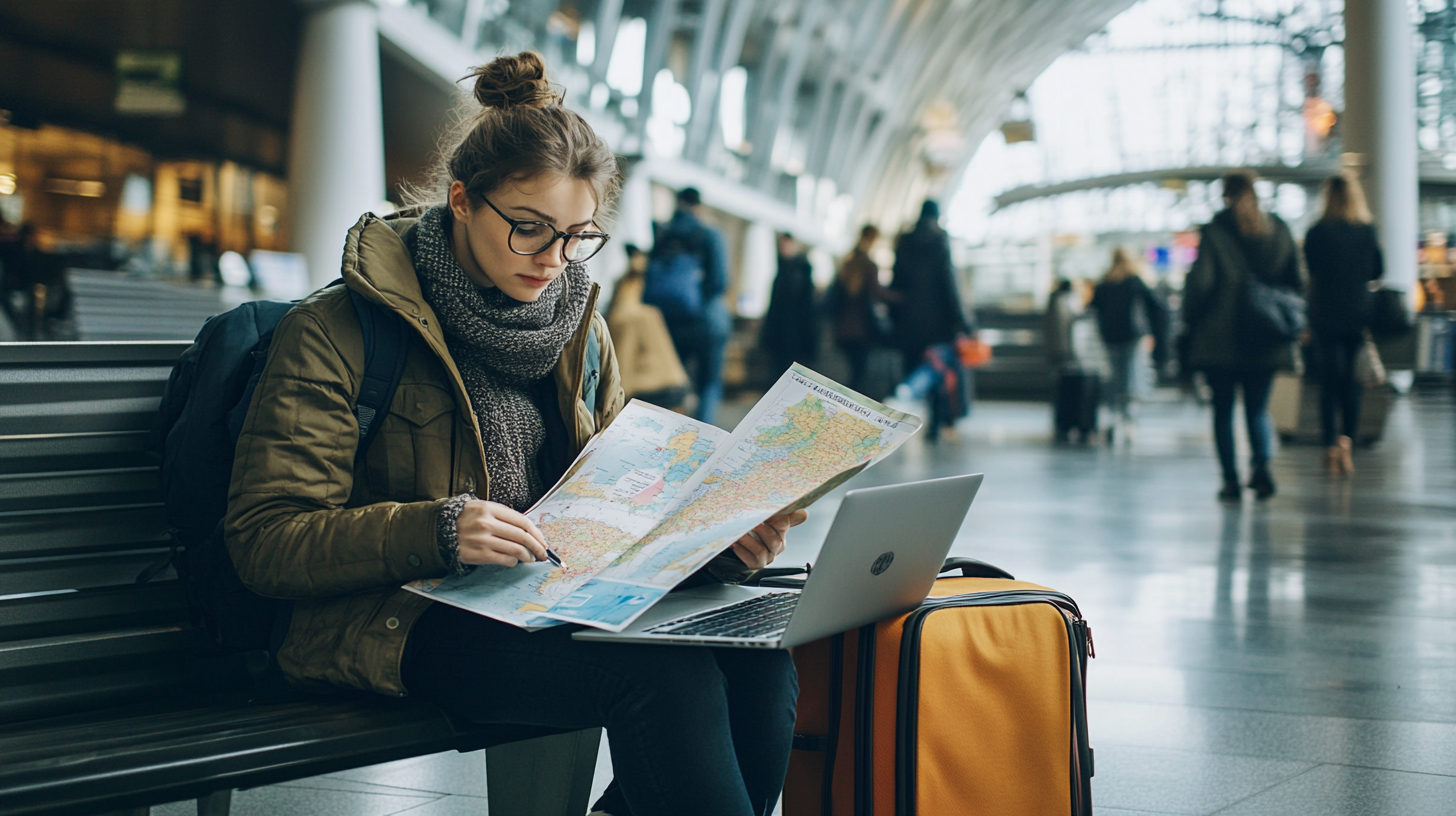 A woman is sitting on a bench in a busy airport terminal. She is wearing glasses, a scarf, and a jacket, and is looking at a map while holding a pen. A laptop is open on her lap, and a yellow suitcase is beside her. People are walking in the background.