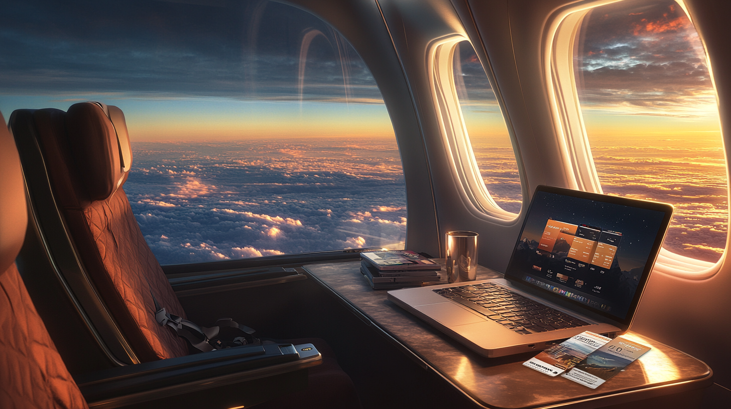 The image shows the interior of an airplane cabin during sunset. A comfortable seat is next to a window with a view of clouds and a colorful sky. On the tray table, there is an open laptop displaying a screen with various widgets, a stack of books, a metal cup, and some travel brochures. The scene is warmly lit by the setting sun.