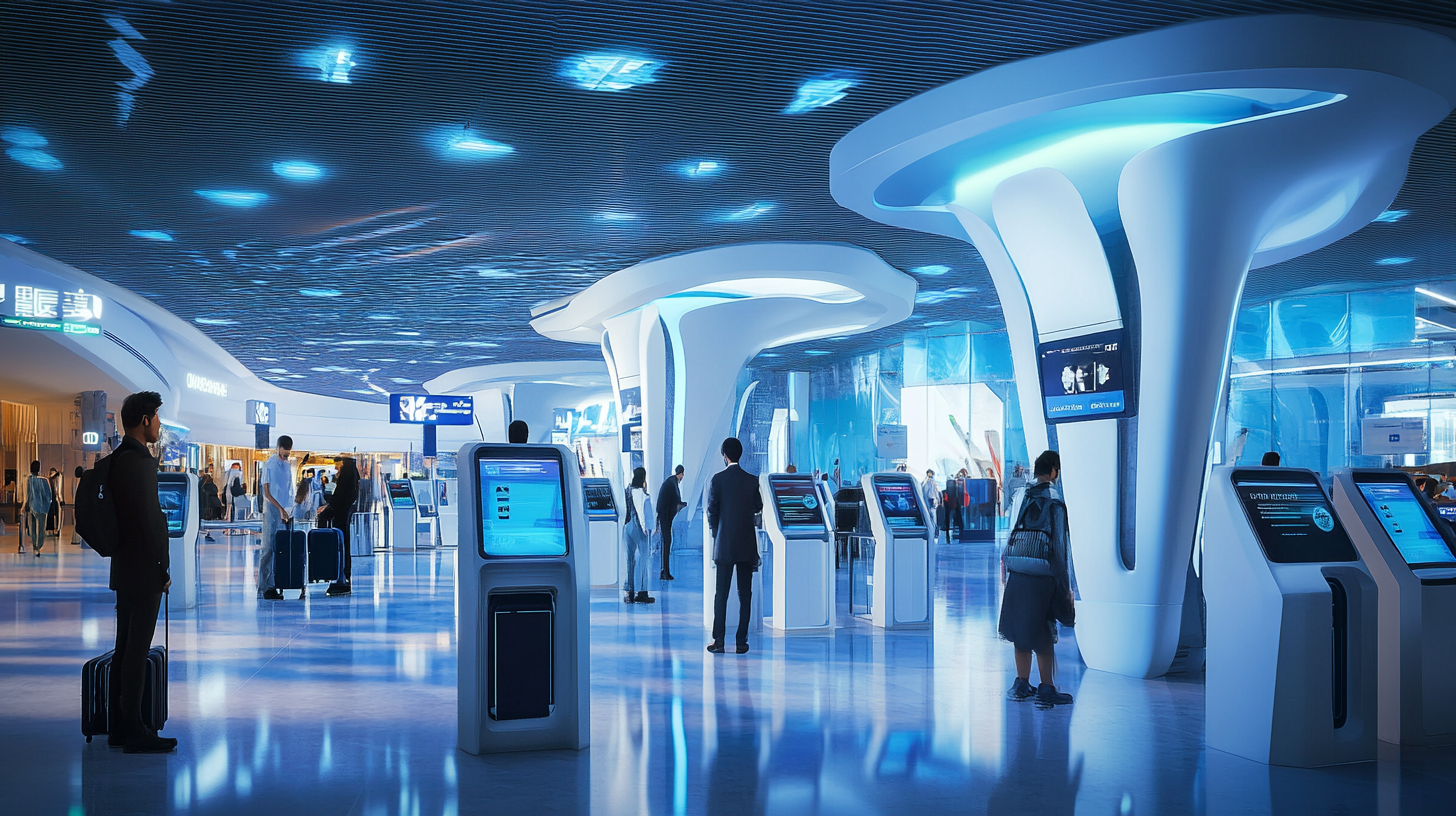 A futuristic airport terminal with sleek, modern architecture and blue lighting. The ceiling features unique, glowing designs. People are interacting with digital kiosks and carrying luggage. The space is open and bright, with large, curved structures and digital screens displaying information.