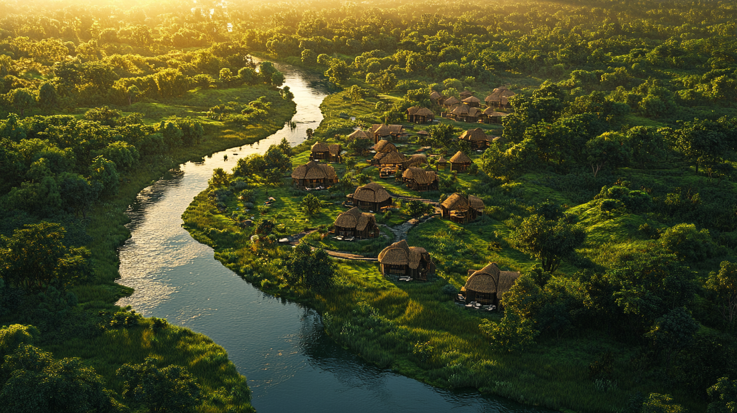 Aerial view of a lush, green landscape with a winding river flowing through it. On one side of the river, there is a cluster of traditional thatched-roof huts surrounded by dense vegetation. The sunlight casts a warm glow over the scene, highlighting the vibrant greenery and creating a serene, natural atmosphere.