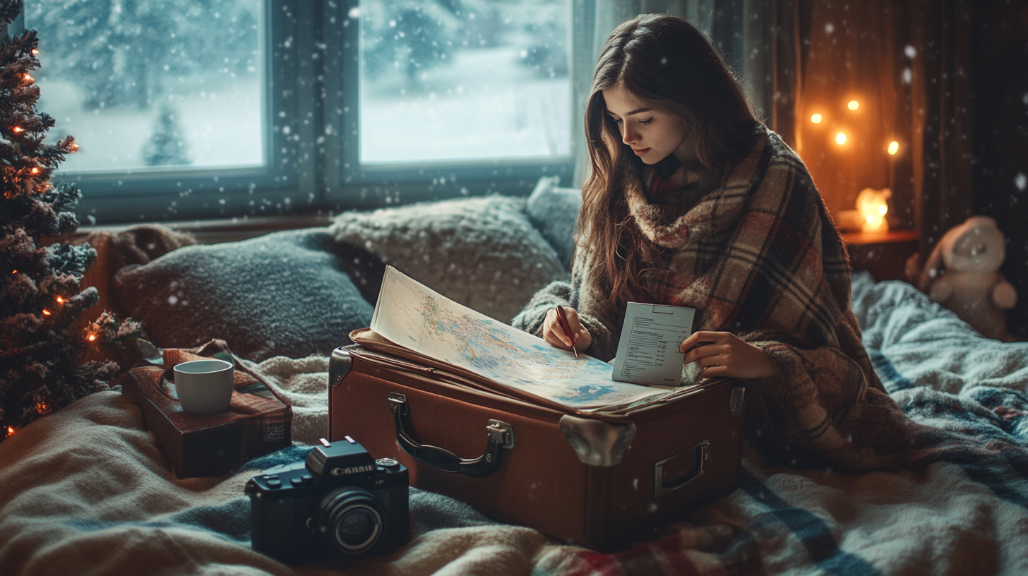 A young woman is sitting on a cozy bed, wrapped in a plaid blanket, looking at a map spread over a suitcase. She holds a piece of paper in one hand. The room is warmly lit with candles, and a snowy scene is visible through the window. A camera, a cup, and a book are on the bed, and a decorated Christmas tree is nearby.