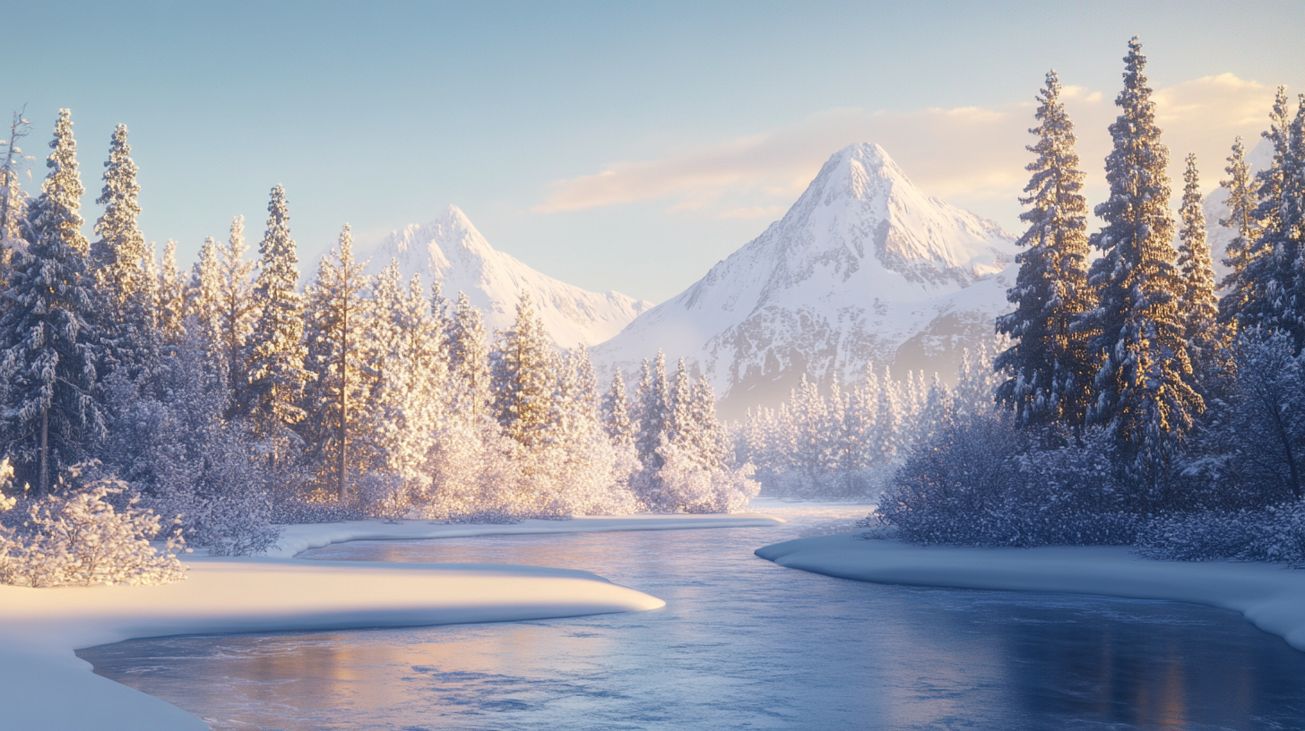 A serene winter landscape featuring a snow-covered forest with tall evergreen trees. In the background, there are majestic, snow-capped mountains under a clear blue sky. A partially frozen river winds through the scene, reflecting the soft light of the setting or rising sun, casting a warm glow on the snow.