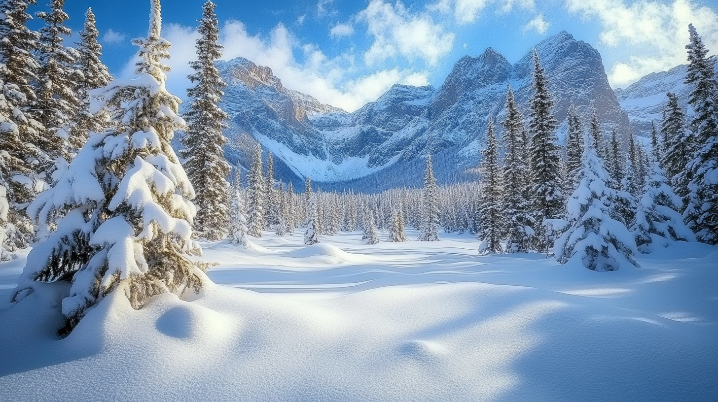 A snowy landscape featuring a forest of evergreen trees covered in snow. In the background, there are majestic, snow-capped mountains under a bright blue sky with scattered clouds. The foreground shows a smooth blanket of untouched snow.