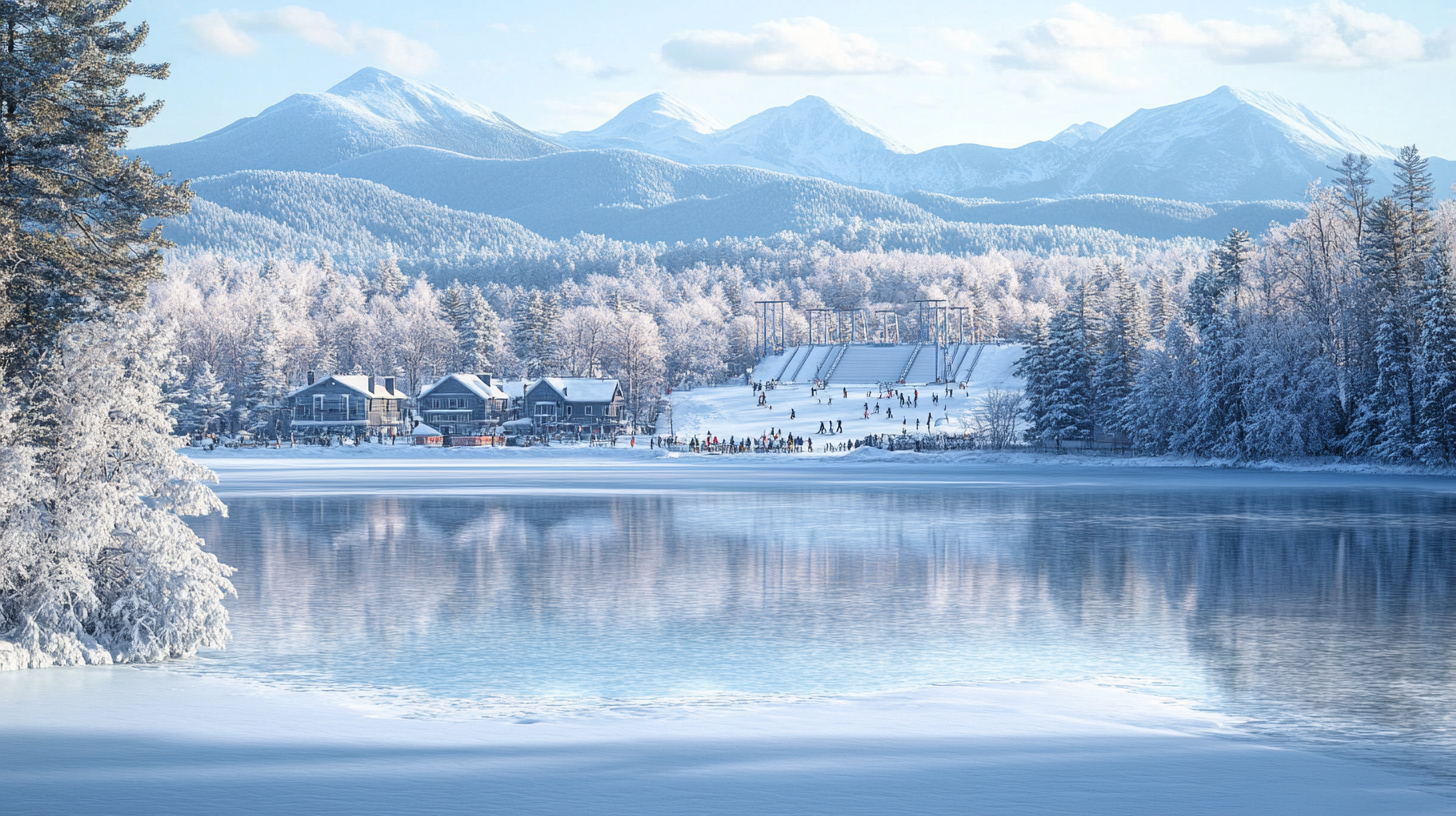 A serene winter landscape featuring a frozen lake in the foreground, surrounded by snow-covered trees. In the background, there are several buildings near the lake's edge and a ski slope with people skiing. Majestic snow-capped mountains rise in the distance under a partly cloudy sky.