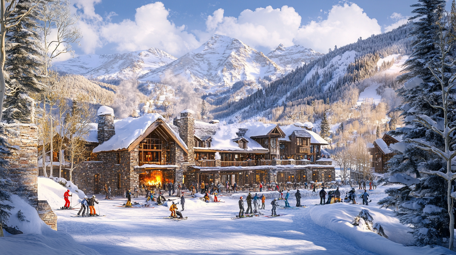 A picturesque winter scene featuring a large, rustic lodge with stone and wood architecture, surrounded by snow-covered trees and mountains. In front of the lodge, numerous people are skiing and snowboarding on a snowy slope. The sky is clear with a few fluffy clouds, and the warm glow from the lodge's windows and outdoor fire creates a cozy atmosphere.