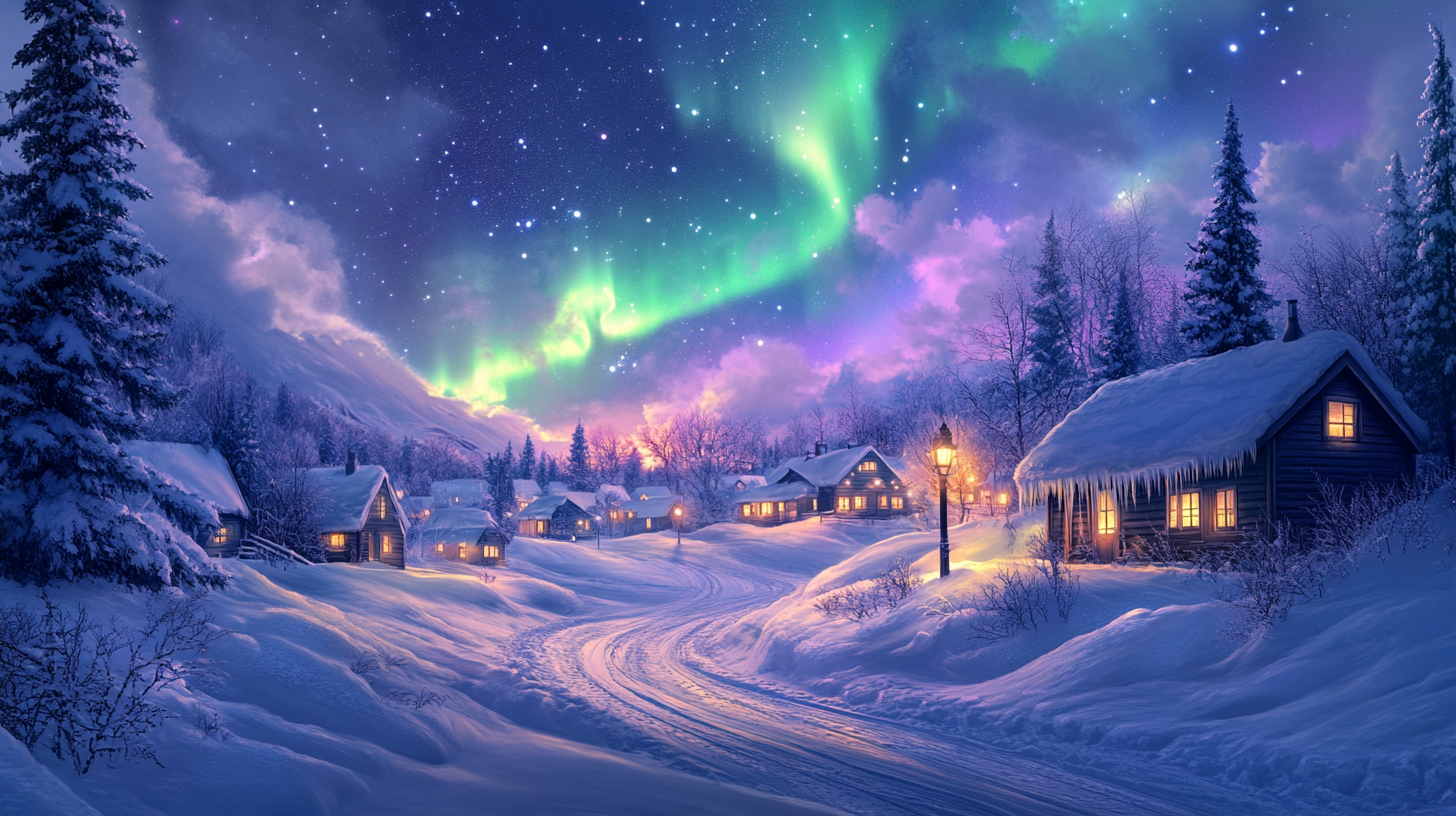 A snowy village at night with several cozy, illuminated cabins. The sky is filled with vibrant green and purple auroras, and stars are visible. Snow-covered trees and a winding path add to the serene winter scene.