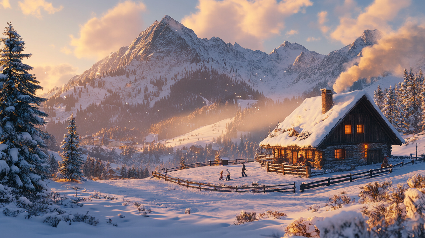 A cozy winter scene featuring a snow-covered cabin with smoke rising from the chimney, nestled in a snowy landscape. In the foreground, a person and two children are walking in the snow near the cabin, surrounded by a wooden fence. Tall pine trees and majestic mountains are visible in the background, bathed in the warm glow of a setting sun.