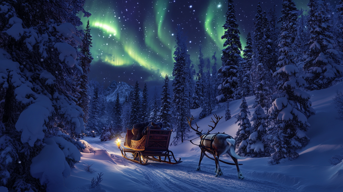 A snowy forest scene at night, featuring a reindeer pulling a sleigh with people through a snow-covered path. The sky is illuminated by the vibrant green and yellow hues of the Northern Lights, with stars visible in the background. Tall, snow-laden trees line the path, creating a serene and magical winter atmosphere.