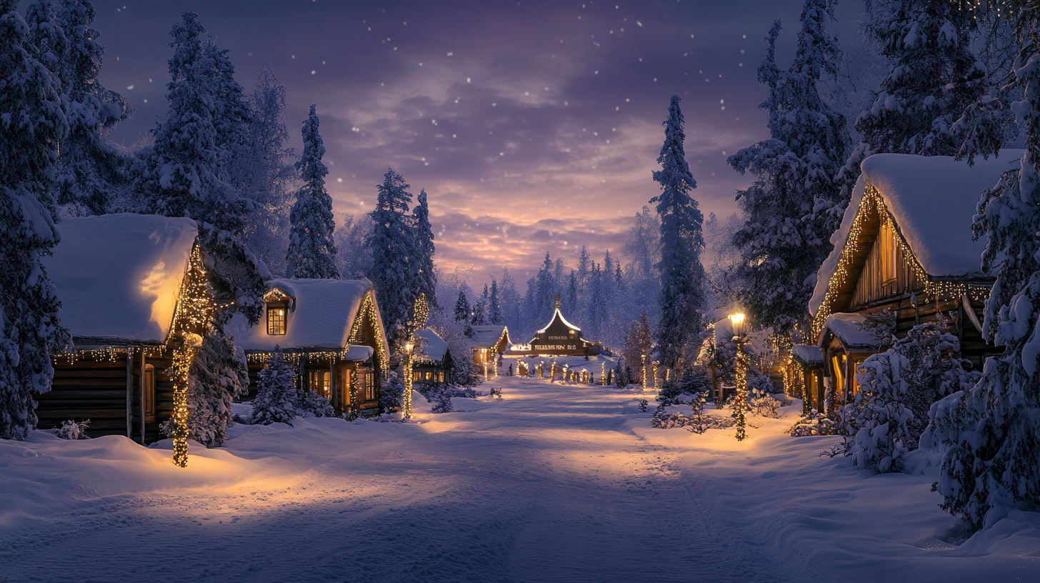 A snowy village scene at dusk, featuring cozy wooden cabins adorned with warm, glowing string lights. The ground and trees are covered in snow, and the sky is a deep purple with scattered stars. A path leads through the village, illuminated by street lamps wrapped in lights, creating a serene and festive atmosphere.