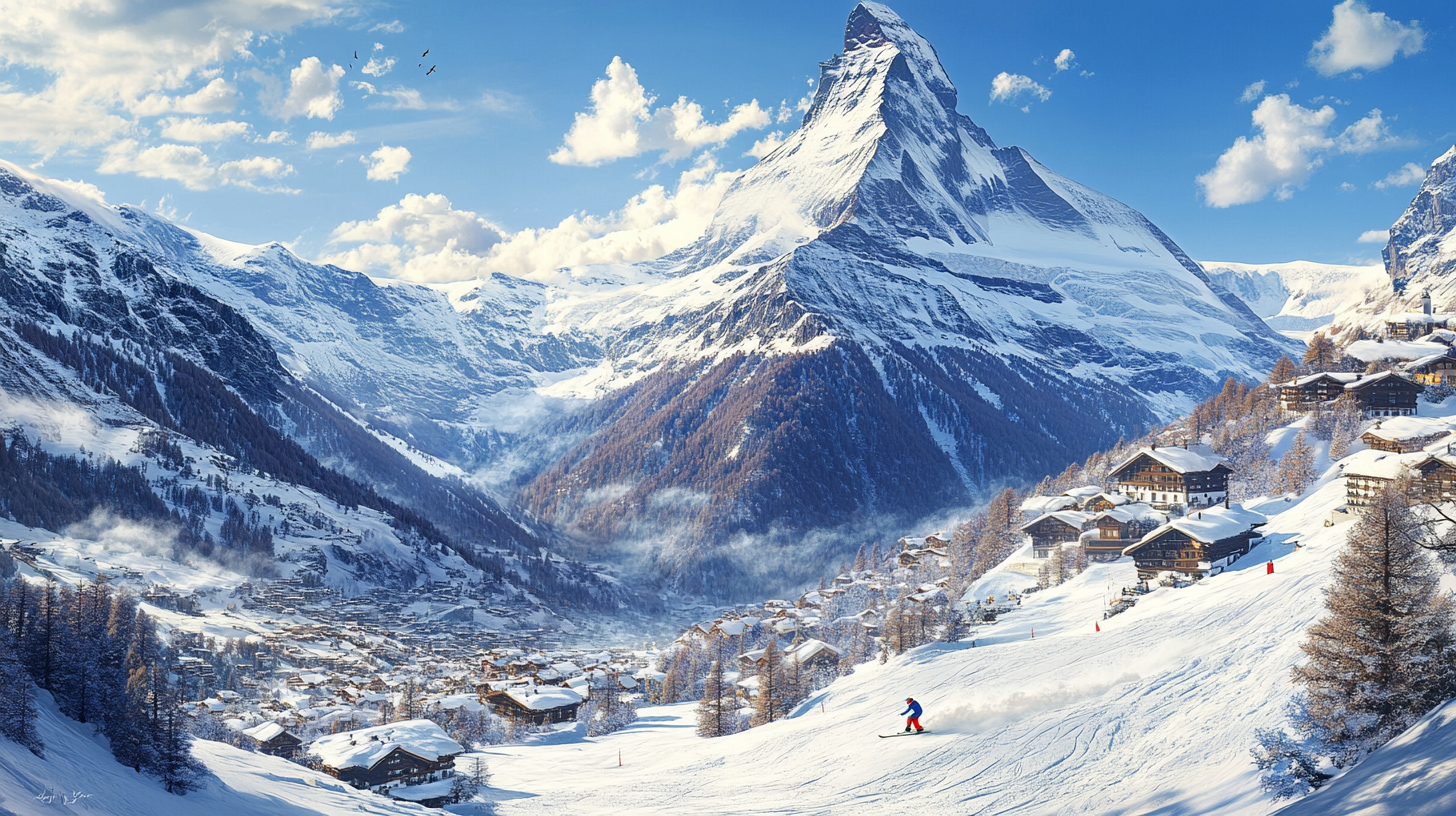 A skier in a red and blue outfit is descending a snowy slope in a picturesque alpine village. The scene is set against a backdrop of majestic snow-covered mountains under a clear blue sky. The village is nestled among trees, with traditional wooden chalets scattered across the landscape.