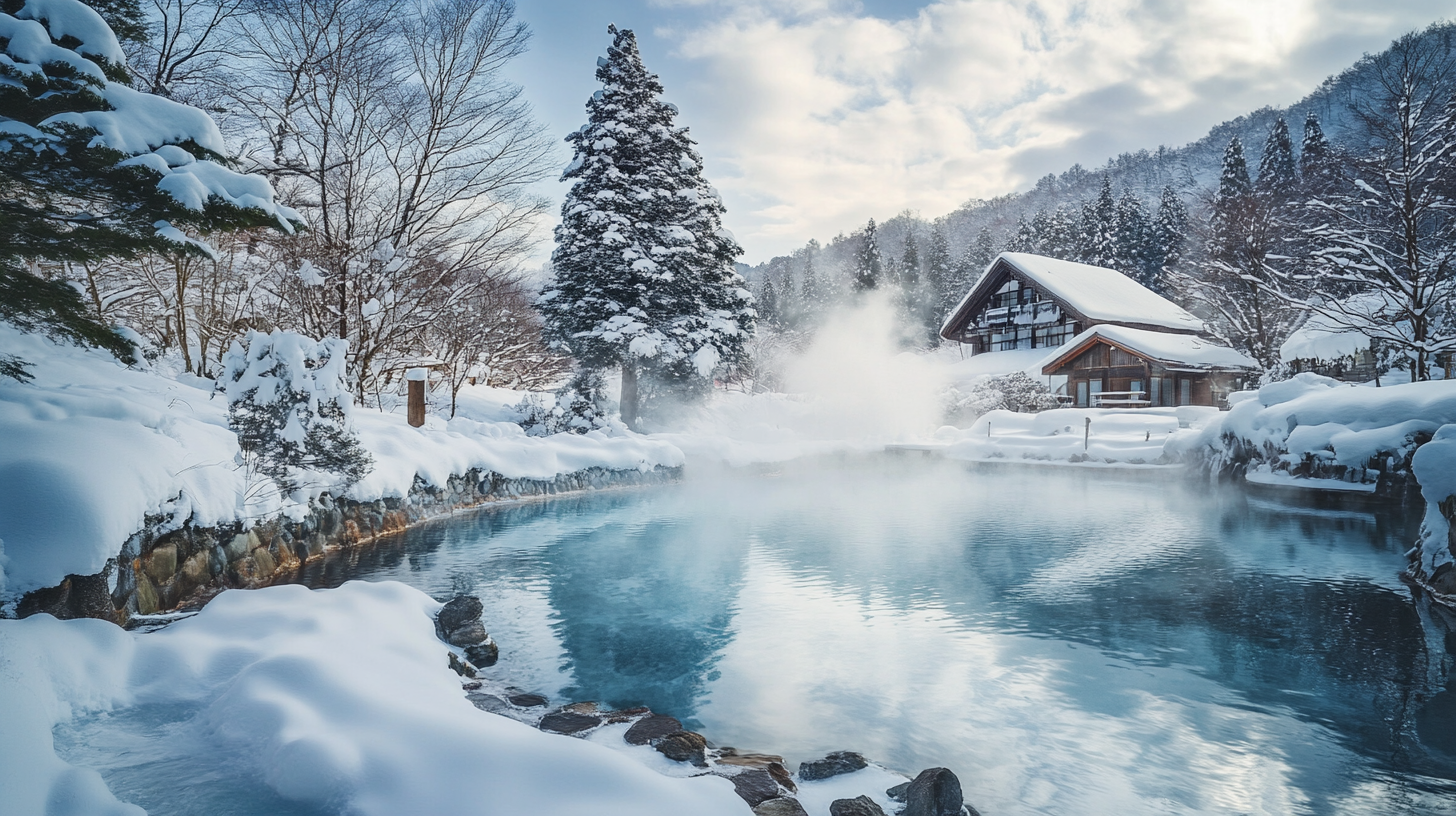 A serene winter scene featuring a steaming hot spring surrounded by snow-covered trees and rocks. In the background, there is a traditional wooden house with a snow-covered roof. The sky is partly cloudy, adding to the tranquil atmosphere.