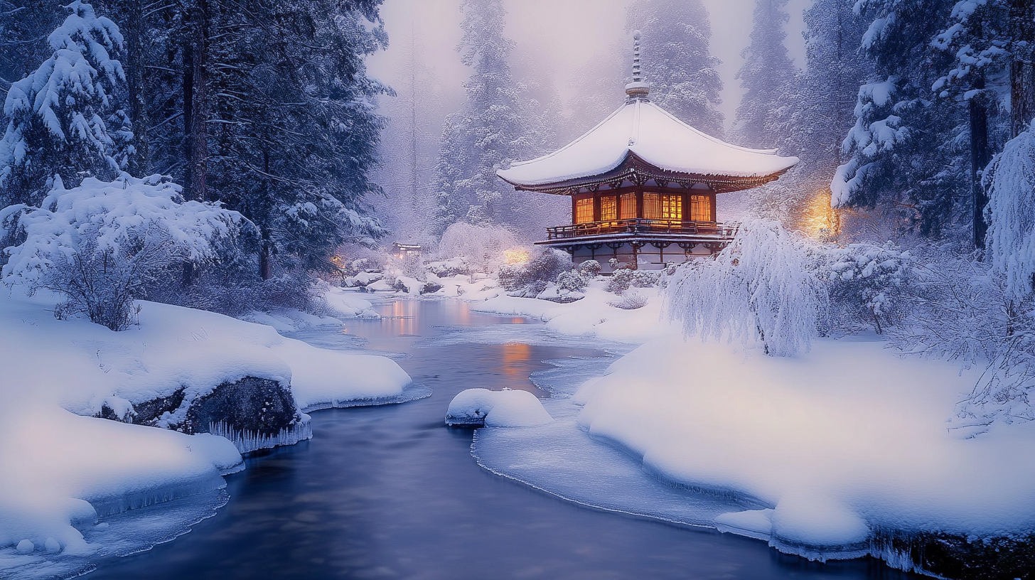 A serene winter scene featuring a traditional Japanese pagoda surrounded by snow-covered trees and bushes. The pagoda is illuminated with warm lights, reflecting on a partially frozen stream that flows through the foreground. The landscape is enveloped in a soft, misty atmosphere, enhancing the tranquil and picturesque setting.